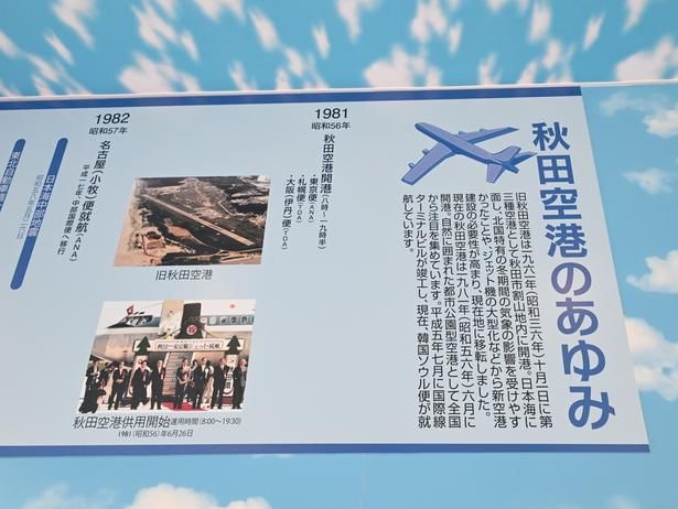 旧秋田空港、そして現在の空港の歴史や設備などを紹介する展示パネル