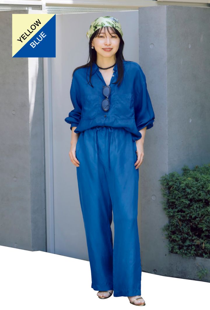 スカーフ[65×65cm]¥16,500（マニプリ） シャツ¥36,300、パンツ¥41,800（ともにエンリカ／アッシュプラスエリオトロープ）