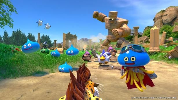 「ドラゴンクエストVR RIDE」イメージ。キラーパンサーに乗ってフィールドを駆け抜け、スライムやゴーレムと遭遇する