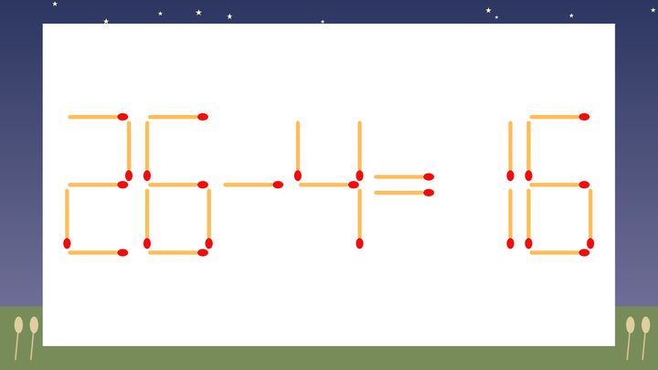 【マッチ棒クイズ】1本だけ動かして正しい式に：26-4=16？の問題画像