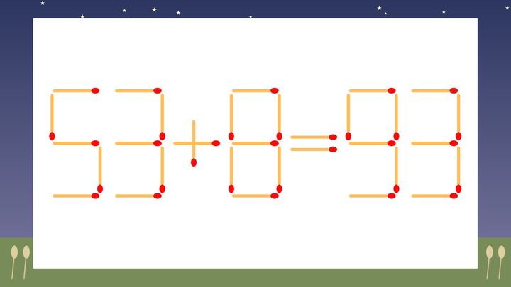 【マッチ棒クイズ】1本だけ動かして正しい式に：53+8=93？の問題画像