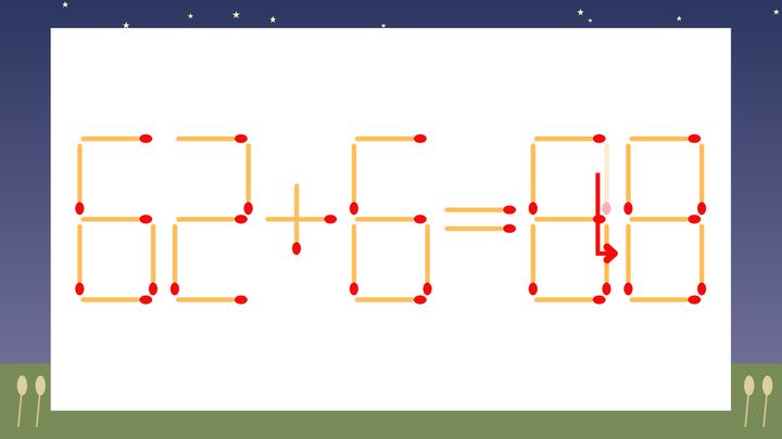 【マッチ棒クイズ】1本だけ動かして正しい式に：62+6=89？の解答画像