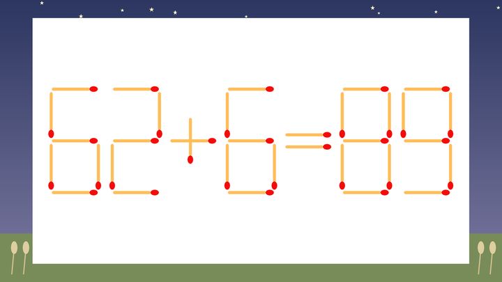 【マッチ棒クイズ】1本だけ動かして正しい式に：62+6=89？の問題画像
