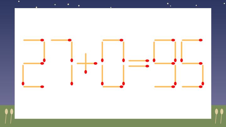 【マッチ棒クイズ】1本だけ動かして正しい式に：27+0=95？の問題画像