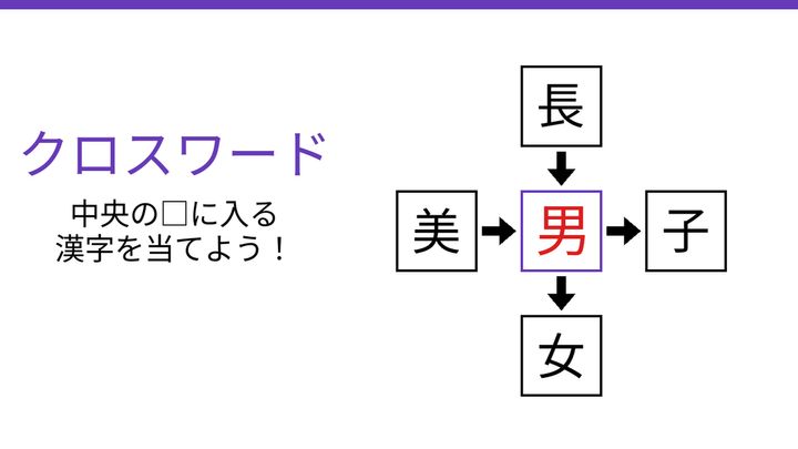 【二字熟語クロスワード】長・美・子・女に共通する一文字は？の解答画像