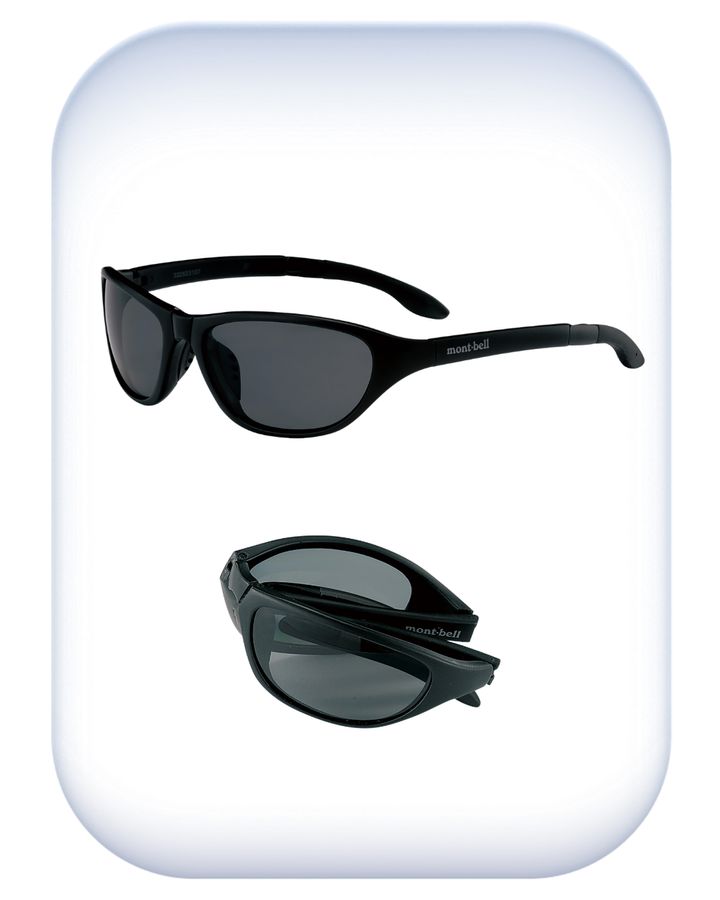 モンベルの折りたたみサングラス「PLトレッキンググラス」。開いた状態と折りたたんだ状態の2点