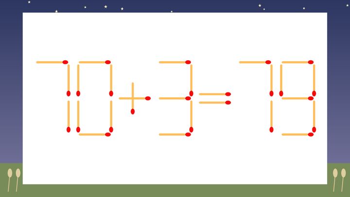 【マッチ棒クイズ】1本だけ動かして正しい式に：70+3=79？の問題画像