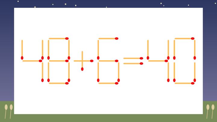 【マッチ棒クイズ】1本だけ動かして正しい式に：48+6=40？の問題画像