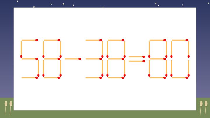 【マッチ棒クイズ】1本だけ動かして正しい式に：58-38=80？の問題画像