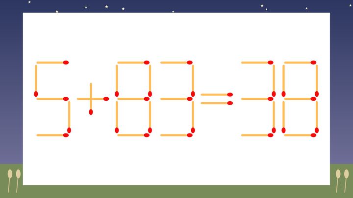 【マッチ棒クイズ】1本だけ動かして正しい式に：5+83=38？の問題画像