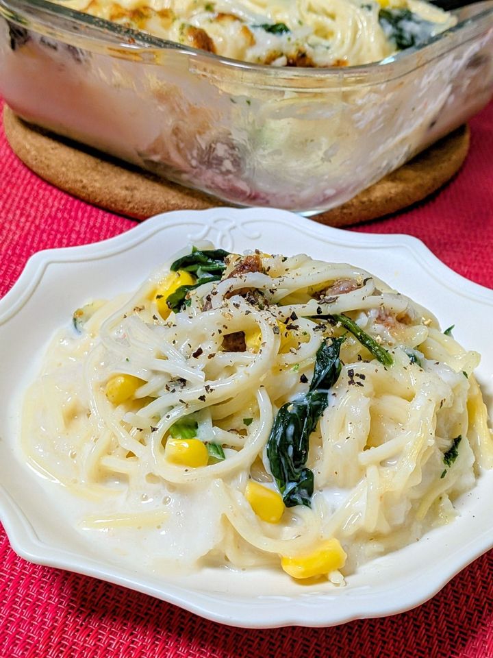 電子レンジとトースターで【長芋と蟹缶のとろ〜りグラタンパスタ】