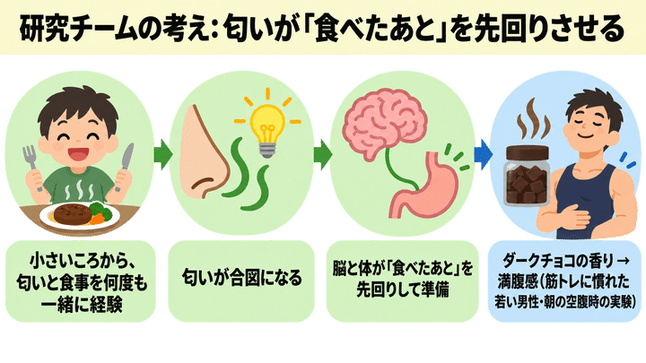 研究チームの考え: 匂いが「食べたあと」を先回りさせる