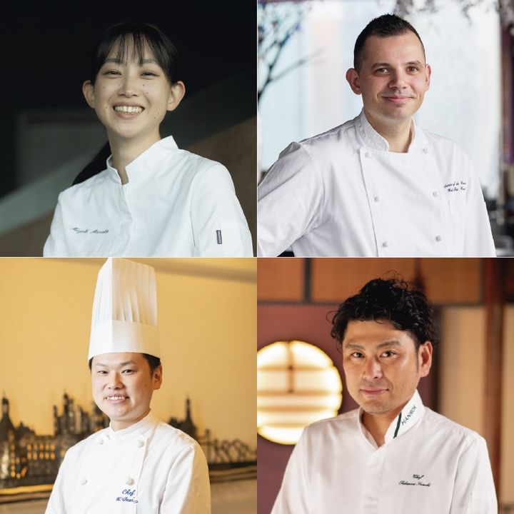 （左上から時計回りに）「ラトリエドオト」村田美月シェフ、「ザ・ペニンシュラ東京 ダイニング Peter」のヨハン・ダコスタ シェフ、「ハンロク」鈴木孝典シェフ、「リーガロイヤルホテル小倉 レストラン シャンボール」乾 裕一シェフ