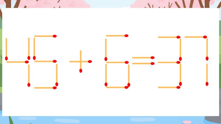 【マッチ棒クイズ】1本だけ動かして正しい式に：45+6=37？の問題画像