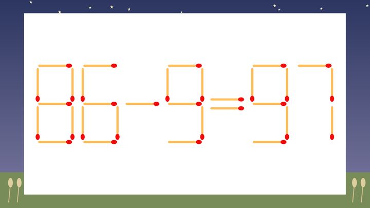 【マッチ棒クイズ】1本だけ動かして正しい式に：86-9=97？の問題画像