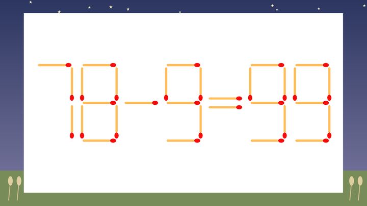 【マッチ棒クイズ】1本だけ動かして正しい式に：78-9=99？の問題画像