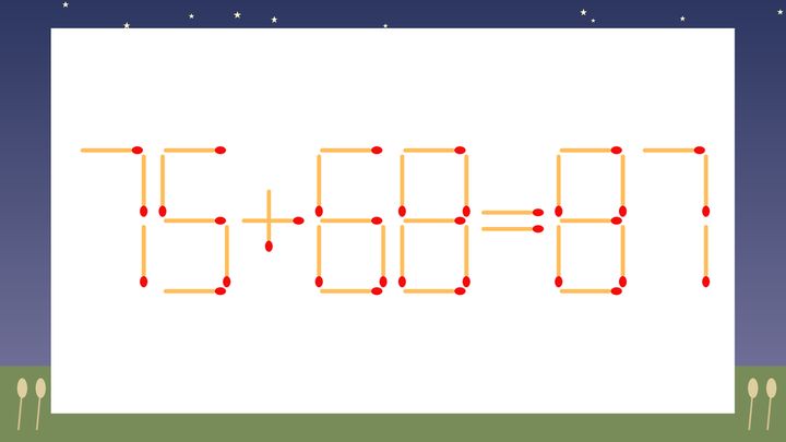 【マッチ棒クイズ】1本だけ動かして正しい式に：75+68=87？の問題画像