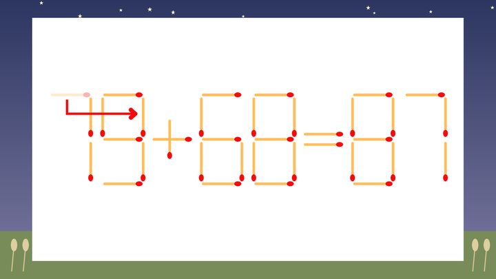【マッチ棒クイズ】1本だけ動かして正しい式に：75+68=87？の解答画像