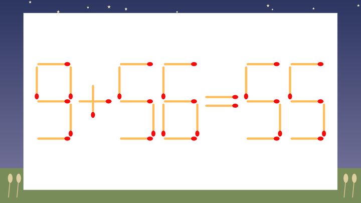 【マッチ棒クイズ】1本だけ動かして正しい式に：9+56=55？の問題画像