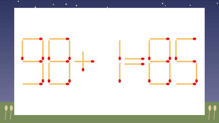 【マッチ棒クイズ】1本だけ動かして正しい式に：98+1=85？の問題画像