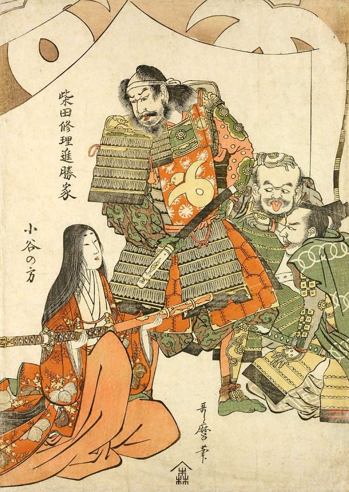 喜多川歌麿画が描いた 柴田修理進勝家と小谷の方（お市）、江戸時代（大英博物館所蔵）