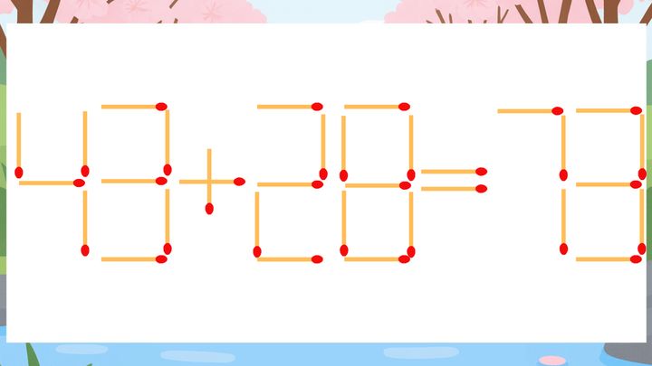 【マッチ棒クイズ】1本だけ動かして正しい式に：43+28=73？の問題画像