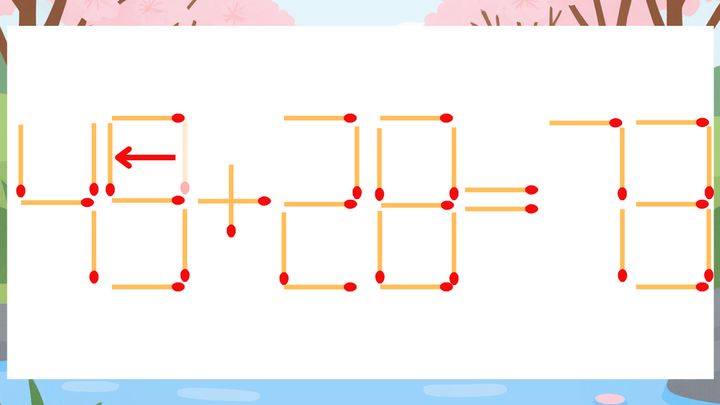 【マッチ棒クイズ】1本だけ動かして正しい式に：43+28=73？の解答画像