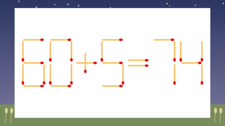 【マッチ棒クイズ】1本だけ動かして正しい式に：60+5=74？の問題画像
