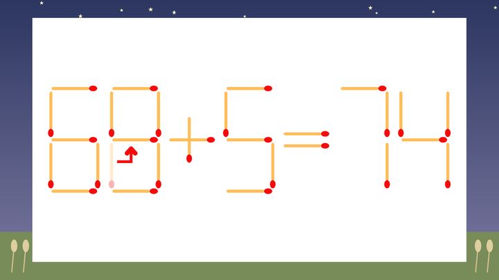 【マッチ棒クイズ】1本だけ動かして正しい式に：60+5=74？の解答画像