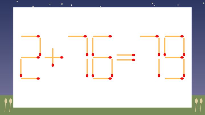 【マッチ棒クイズ】1本だけ動かして正しい式に：2+76=79？の問題画像