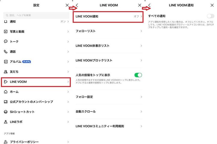 LINEアプリの「LINE VOOM」設定画面で「LINE VOOM通知」を選択する手順