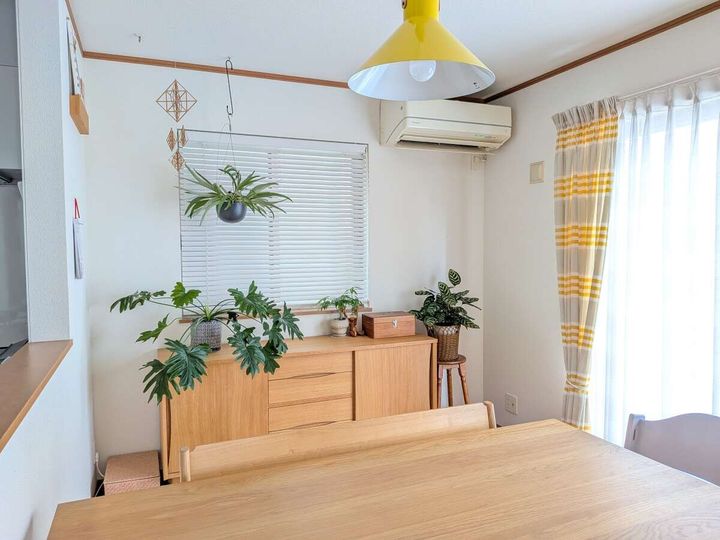 明るいリビングダイニング。木製家具と観葉植物が並ぶ