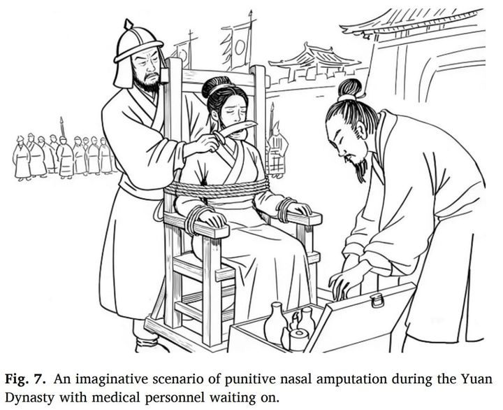 墓でただ一人うつ伏せ、そして「つけ鼻」の痕