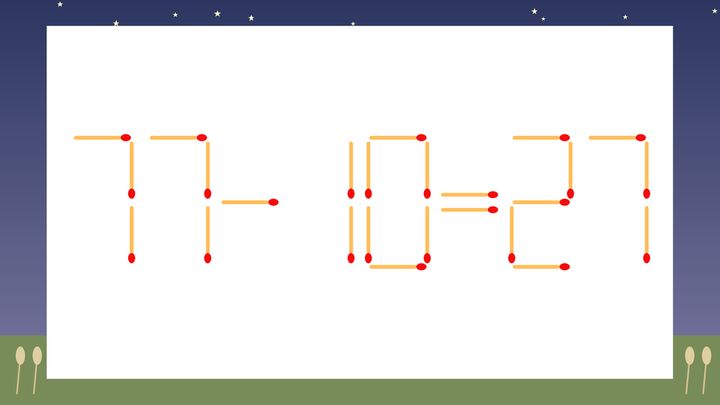 【マッチ棒クイズ】1本だけ動かして正しい式に：77-10=27？の問題画像