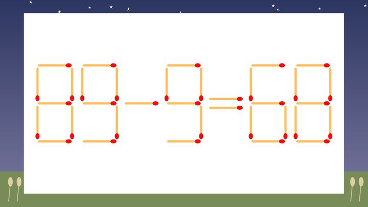 【マッチ棒クイズ】1本だけ動かして正しい式に：89-9=68？の問題画像