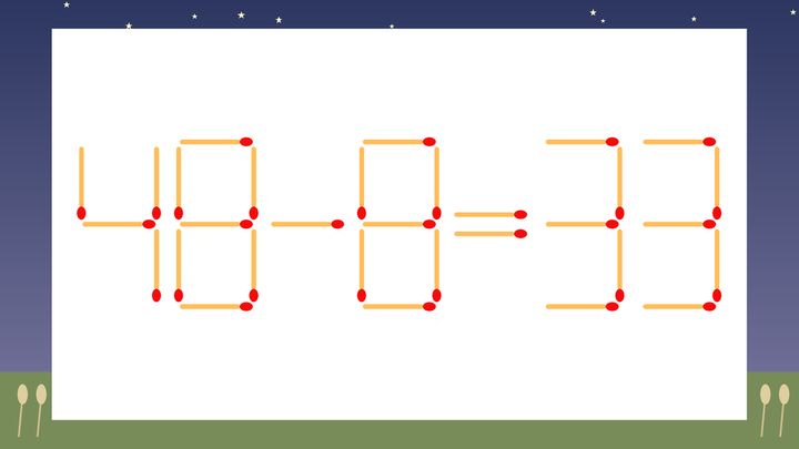 【マッチ棒クイズ】1本だけ動かして正しい式に：48-8=33？の問題画像