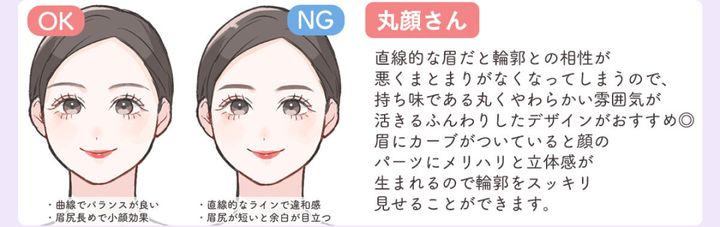 丸顔さんに似合うふんわりカーブ眉とNGの直線眉の女性の顔