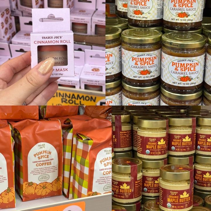 トレーダージョーズ（Trader Joe's）の秋限定商品コラージュ。左上：手に持つ「シナモンロール リップマスク」、右上：「パンプキン＆スパイス キャラメルソース」の瓶、左下：オレンジ色のパッケージの「パンプキンスパイス コーヒー」、右下：「オーガニック メープルバター」の瓶。アメリカの人気スーパーのお土産候補。