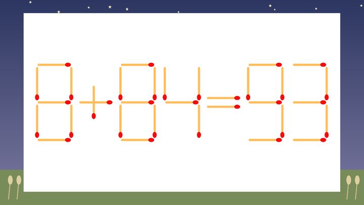 【マッチ棒クイズ】1本だけ動かして正しい式に：8+84=93？の問題画像