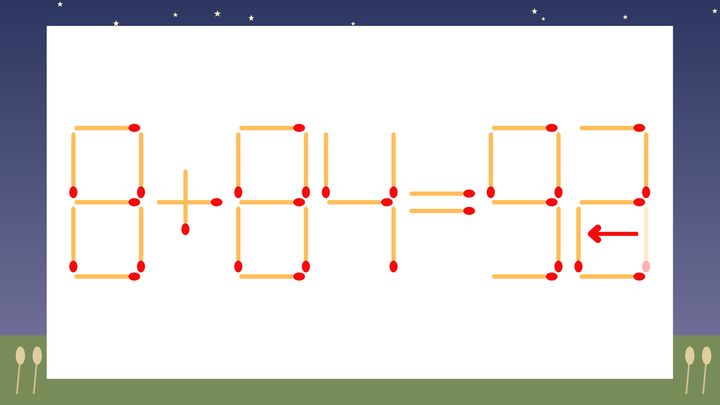 【マッチ棒クイズ】1本だけ動かして正しい式に：8+84=93？の解答画像