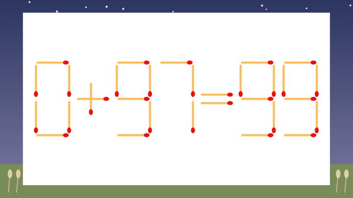 【マッチ棒クイズ】1本だけ動かして正しい式に：0+97=99？の問題画像