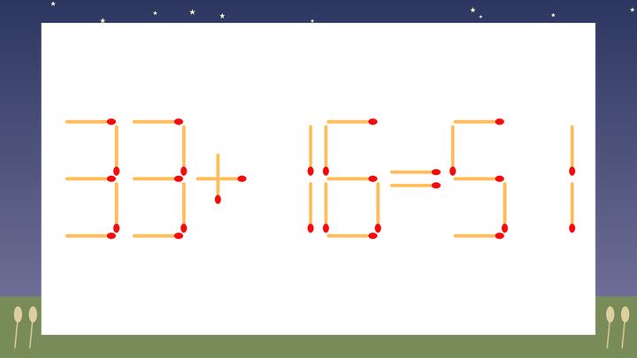 【マッチ棒クイズ】1本だけ動かして正しい式に：33+16=51？の問題画像