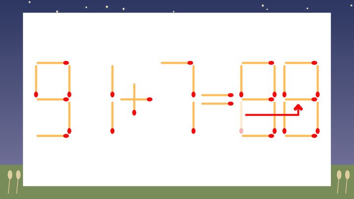 【マッチ棒クイズ】1本だけ動かして正しい式に：91+7=80？の解答画像