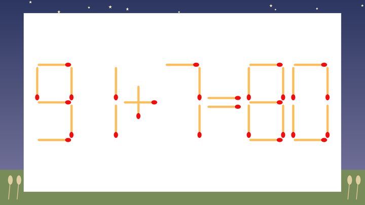 【マッチ棒クイズ】1本だけ動かして正しい式に：91+7=80？の問題画像