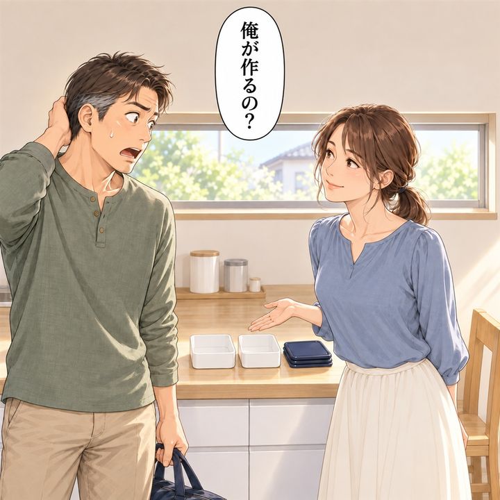 同じ条件を返された夫は、弁当箱の前で戸惑います。