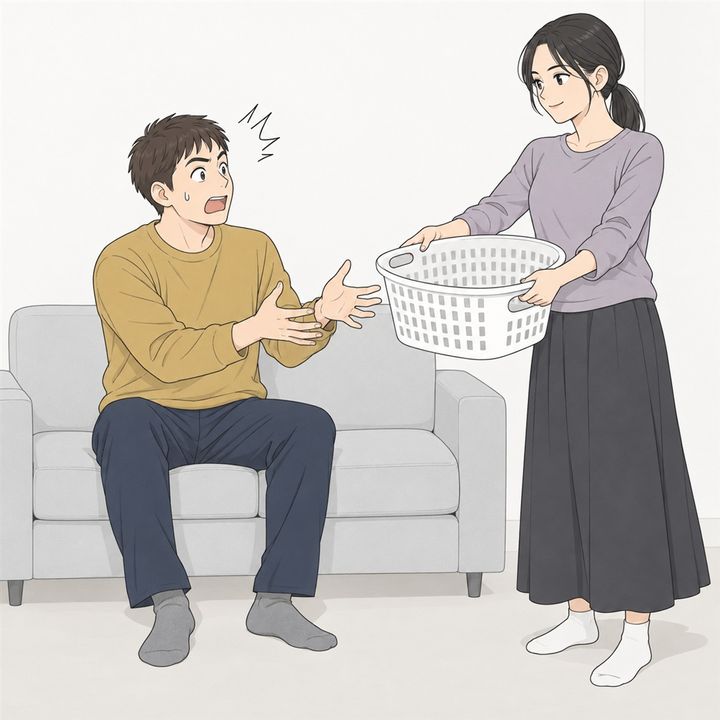 「洗濯物、回しといたよ」得意げな夫がソファで一休み、妻が空のかごを差し出すと笑顔が消えた理由