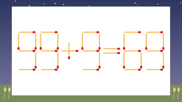 【マッチ棒クイズ】1本だけ動かして正しい式に：99+9=69？の問題画像