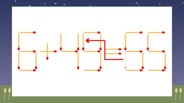 【マッチ棒クイズ】1本だけ動かして正しい式に：6+43=65？の解答画像