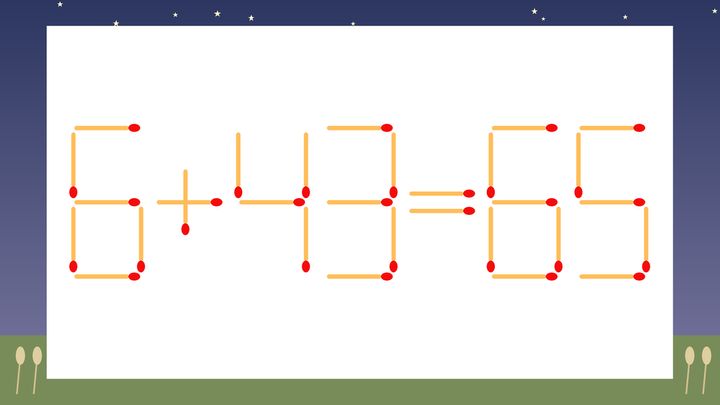 【マッチ棒クイズ】1本だけ動かして正しい式に：6+43=65？の問題画像
