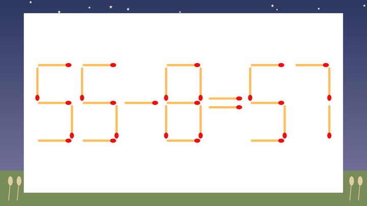 【マッチ棒クイズ】1本だけ動かして正しい式に：55-8=57？の問題画像
